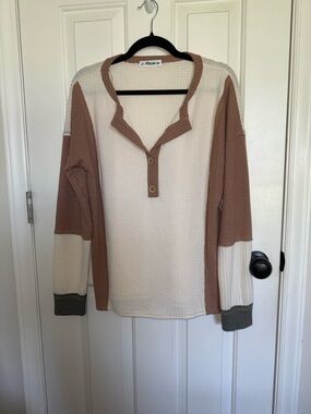 MACARON Cream and Brown Colorblock Waffle Knit Long Sleeve Henley